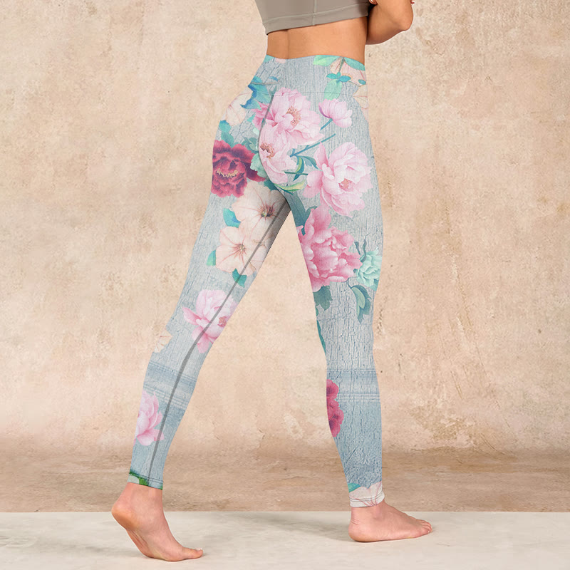Colorful Peony Flowers Print Gym Fitness Leggings Women's Yoga Pants