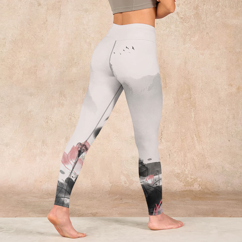 Ink Painting Lotus Flower Leaf Print Gym Fitness Leggings Women's Yoga Pants