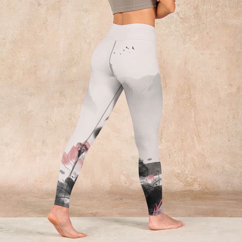 Ink Painting Lotus Flower Leaf Print Gym Fitness Leggings Women's Yoga Pants