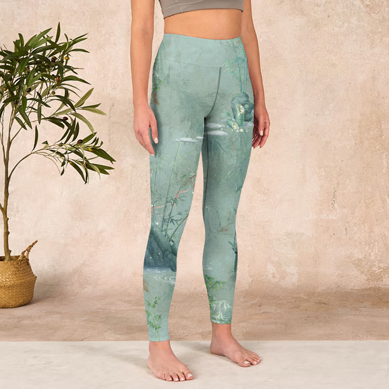 Green Bamboo Rocks Print Sports Fitness Leggings Women's Yoga Pants
