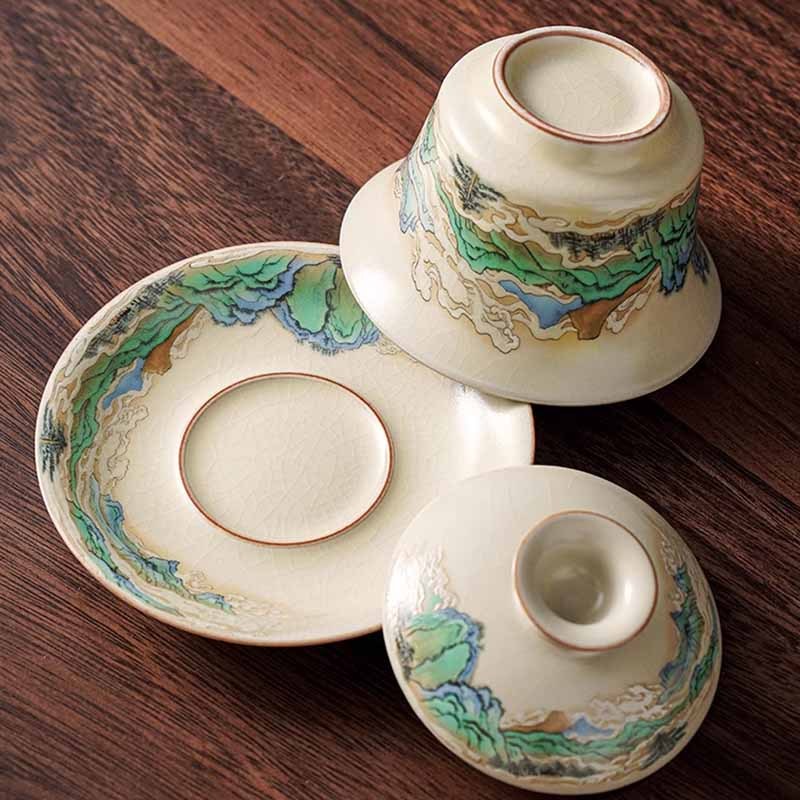 A Panorama of Rivers and Mountains Flowers Ceramic Gaiwan Sancai Teacup Kung Fu Tea Cup And Saucer With Lid