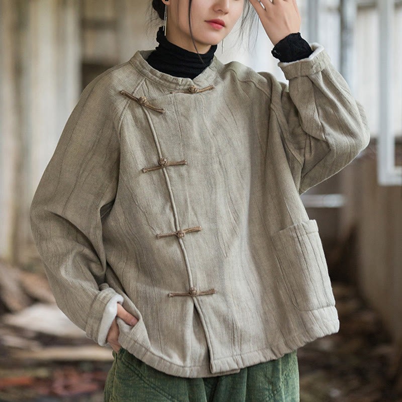 Solid Color Frog-button Thermal Long Sleeve Ramie Linen Women's Shirt