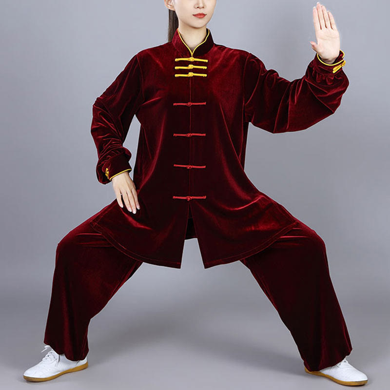 2Pcs Fall Winter Tai Chi Qigong Practice Unisex Frog-Button Meditation Velour Clothing Set
