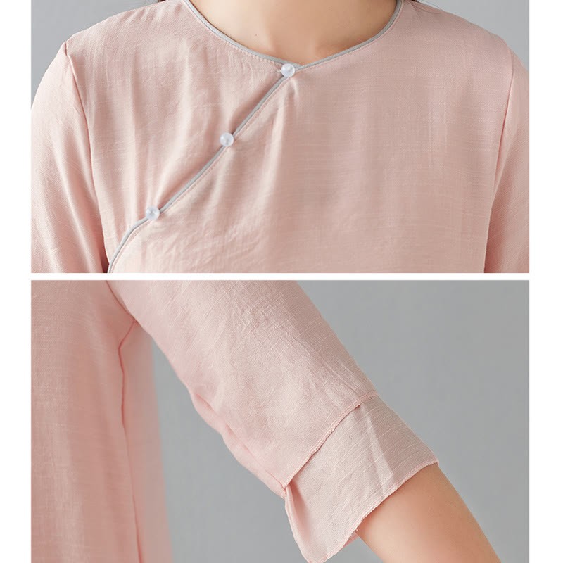 2Pcs Three Quarter Sleeve Long Sleeve Shirt Wide Leg Pants Meditation Cotton Linen Clothing Women's Set