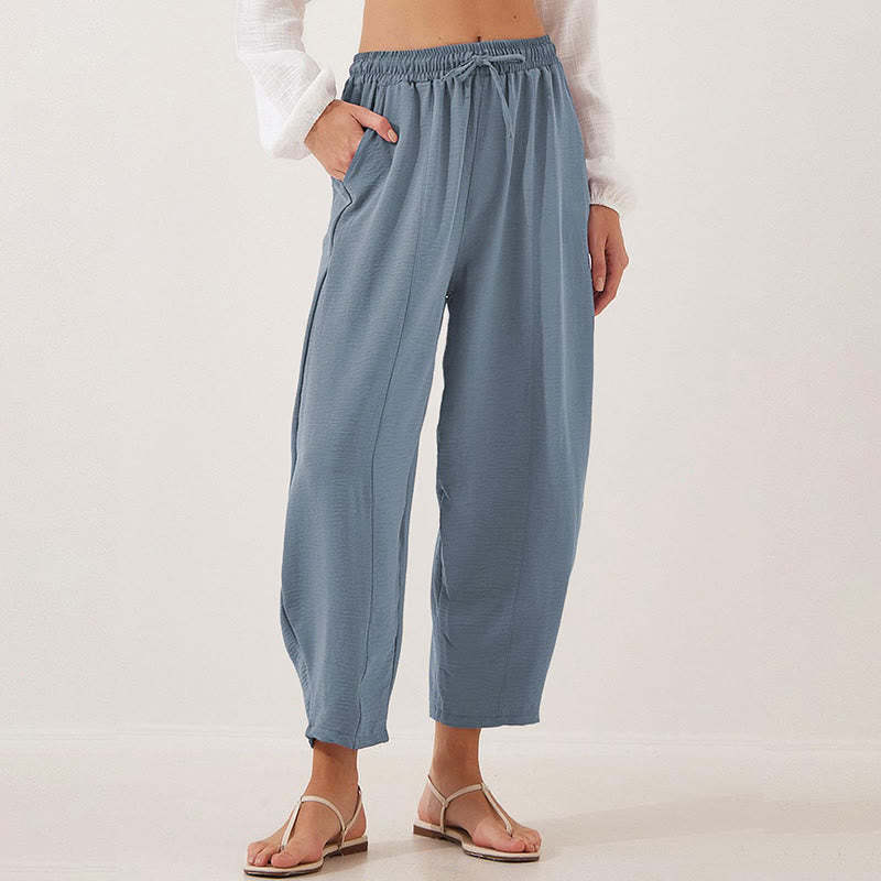 Casual Plain Loose Drawstring Women's Polyester 7/8 Length Pants  With Pockets