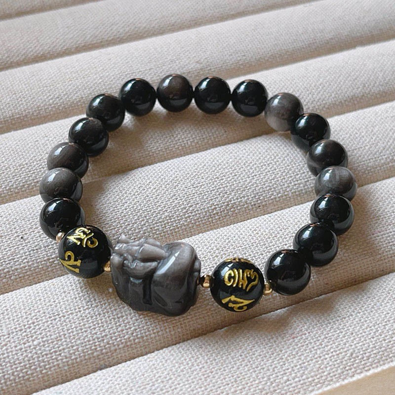 Natural Silver Sheen Obsidian Black Obsidian Om Mani Padme Hum Pixiu Protection Bracelet