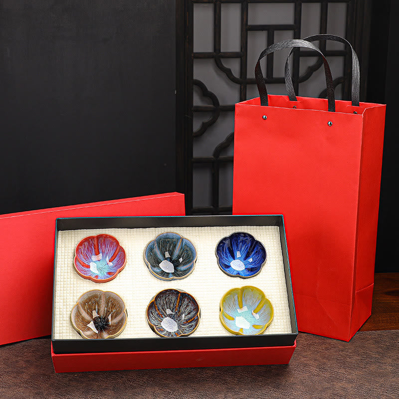 6Pcs Plum Blossom Petal Pattern Chinese Jianzhan Kiln Change Ceramic Teacup Kung Fu Tea Cup Bowl With Gift Box