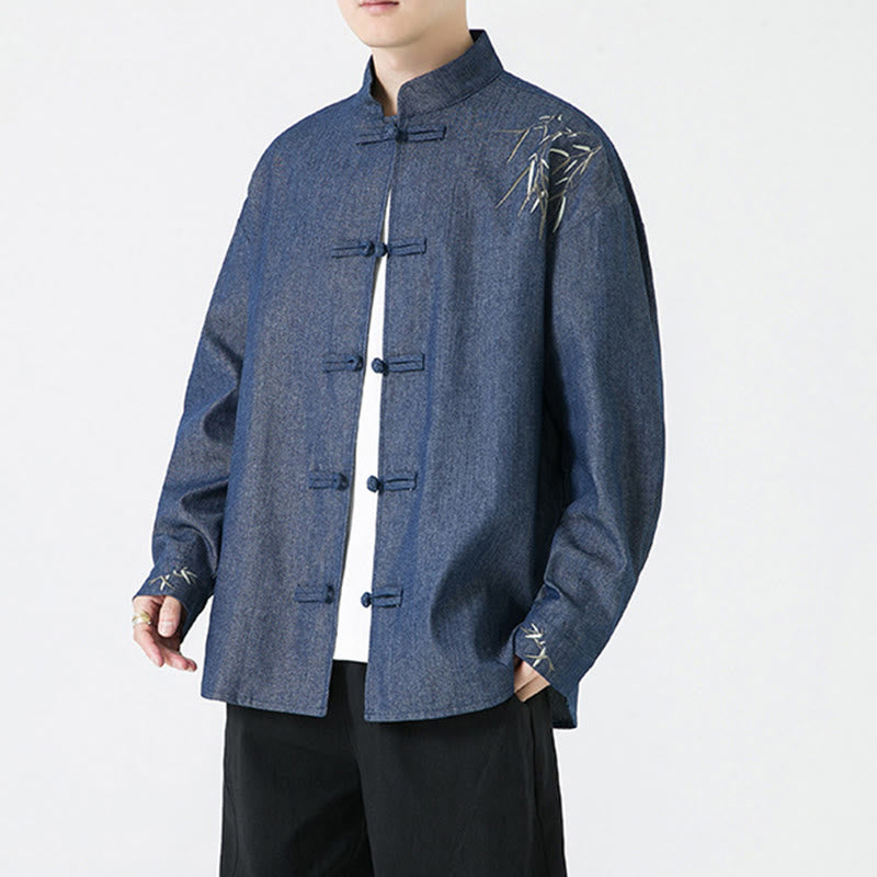 Bamboo Leaves Design Frog-button Tang Suit Cotton Men's Jacket Shirt