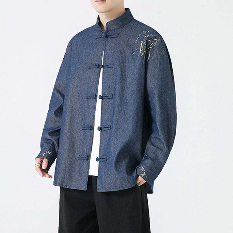 Bamboo Leaves Design Frog-button Tang Suit Cotton Men's Jacket Shirt