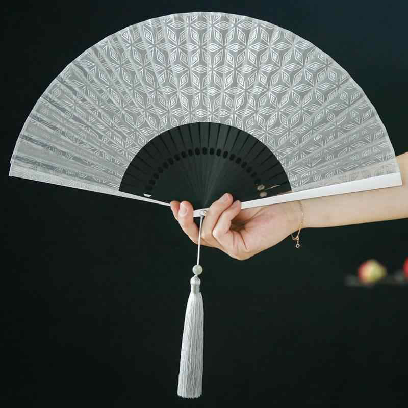Geometric Patterns Aluminum Alloy Side Tassels Silk Handheld Bamboo Folding Fan