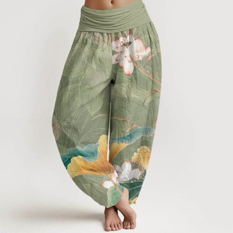 Lotus Flowers Leaves Pattern Women's Elastic Waist Harem Pants