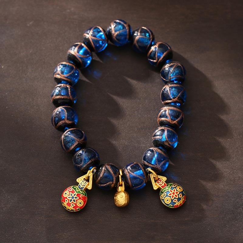Gold Swallowing Beast Luck Charm Blue Liuli Glass Bead Fortune Bracelet