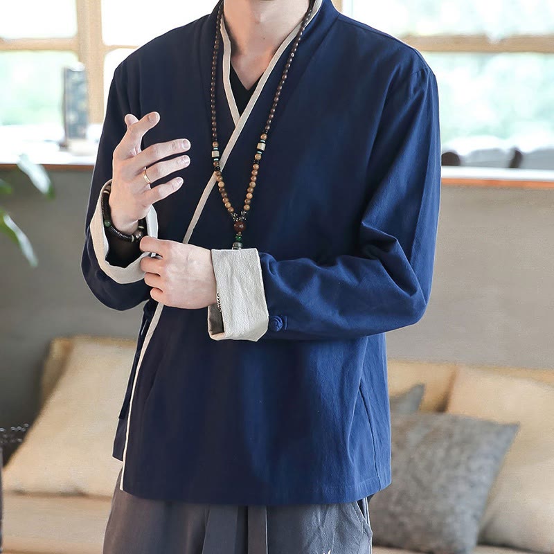 Fall Colorblock Long Sleeve Shirt Linen Lace-up Men Clothing