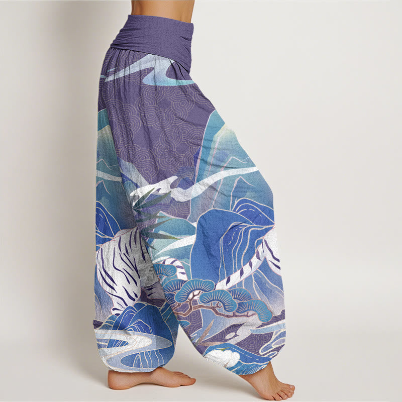Casual White Tiger Mountain Waves Women's Elastic Waist Harem Pants