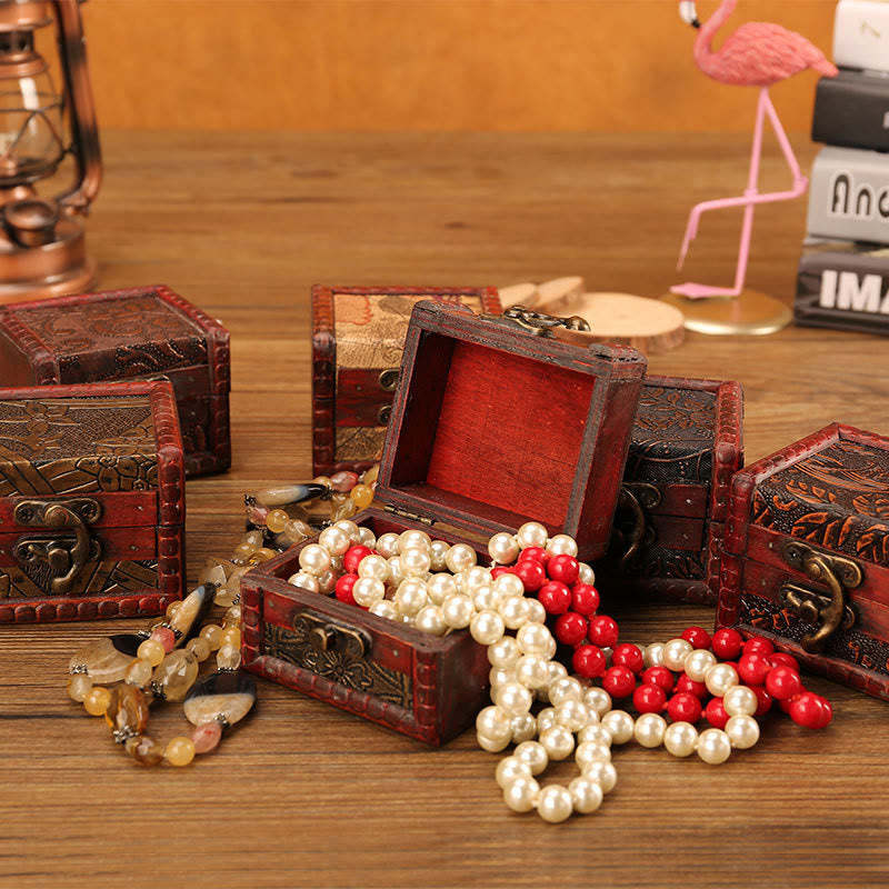 Retro Small Square Wood Jewelry Box Lotus Grass Flower Grape Copper Coin Daffodil Jewelry Storage Box