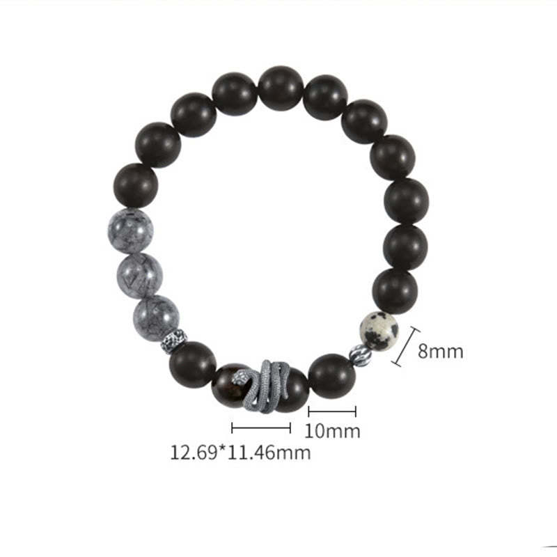 Ebony Wood Black Rutilated Quartz 925 Sterling Silver Year Of The Snake Balance Bracelet