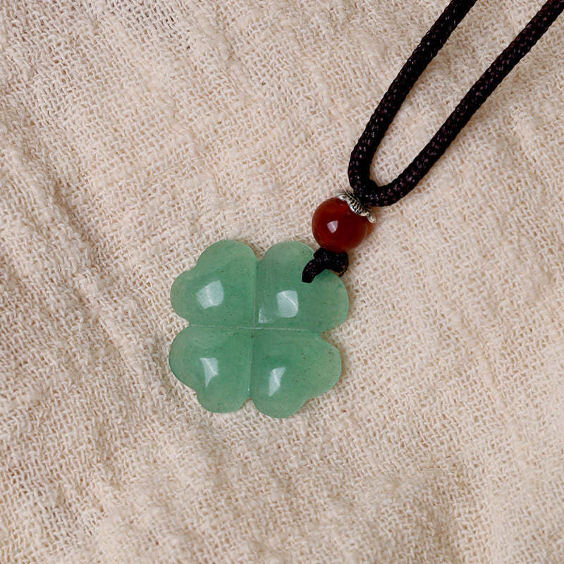 925 Sterling Silver Green Aventurine Four Leaf Clover Luck Leather Rope Necklace Pendant