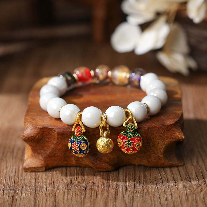 Gold Swallowing Beast Family Charm Liuli Glass Colorful Porcelain Bead Luck Bracelet