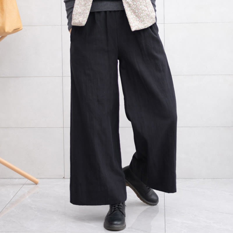 Casual Plain Loose Women's Ramie Wide Leg Pants With Pockets