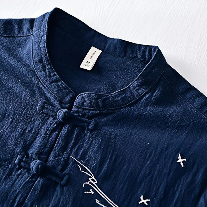 Frog-button Mandarin Collar Embroidery Cotton Linen Short Sleeve Men's Shirt