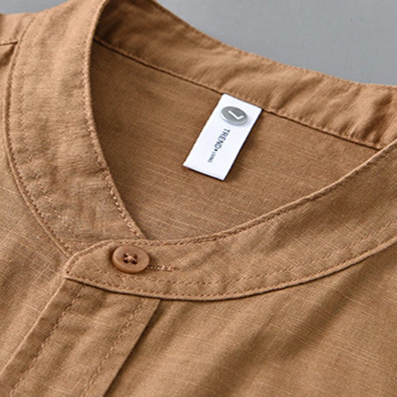 Men's Long Sleeve Stand Collar With Pocket Pure Color Casual Cotton Linen Shirt