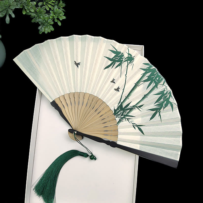 Bamboo Koi Fish Crane Handheld Cotton Linen Folding Fan