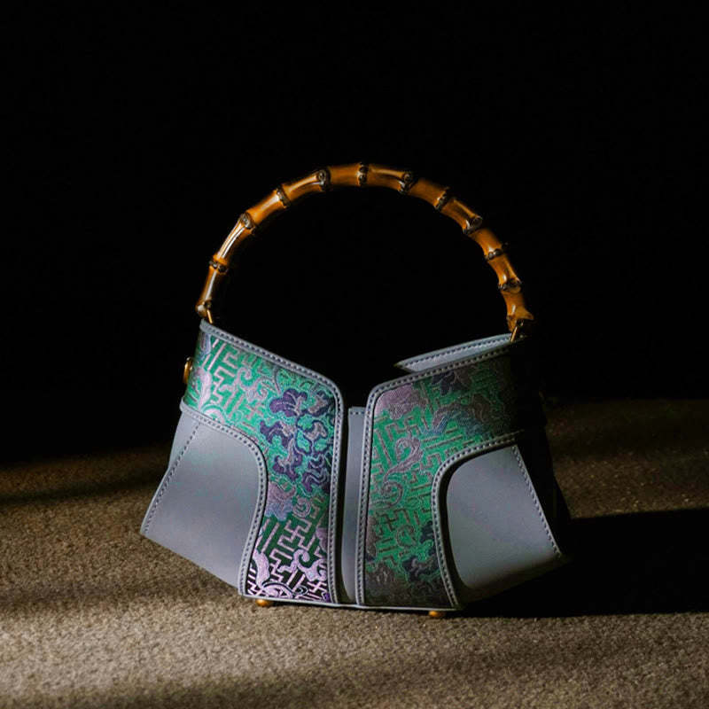 Retro Peony Branches Bamboo Handle Song Brocade Xiangyunsha Silk Crossbody Bag Hangbags