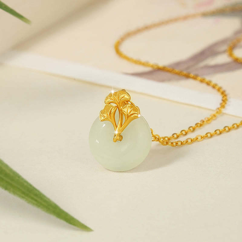 925 Sterling Silver Hetian Jade Ginkgo Leaves Prosperity Necklace Pendant