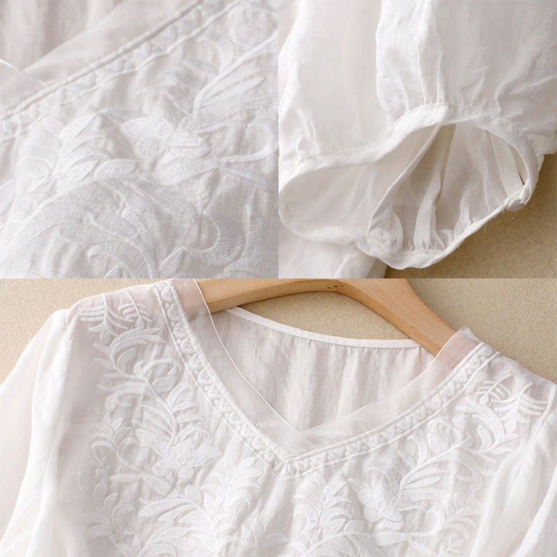 Vintage Casual Pure Leaf Embroidery V-Neck Half Sleeve Cotton Linen Women's T-Shirt