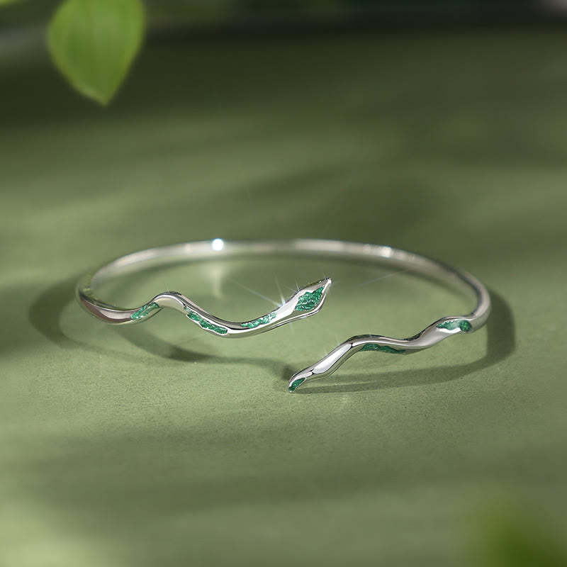 925 Sterling Silver Green Snake Enamel Craft Year Of The Snake Calm Cuff Bracelet Bangle