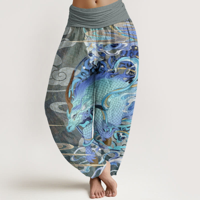Dragons Auspicious Clouds Pattern Women's Elastic Waist Harem Pants