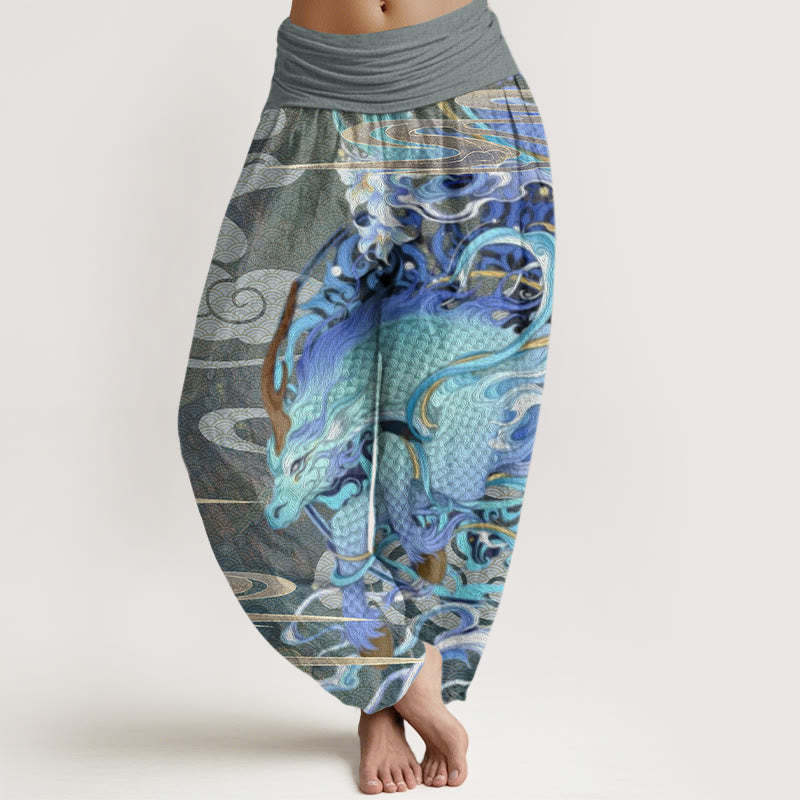 Dragons Auspicious Clouds Pattern Women's Elastic Waist Harem Pants