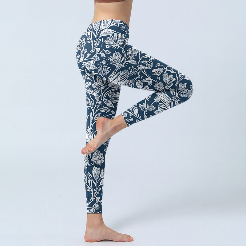 Dark Blue Flower Print Fitness Leggings Women's Yoga Pants