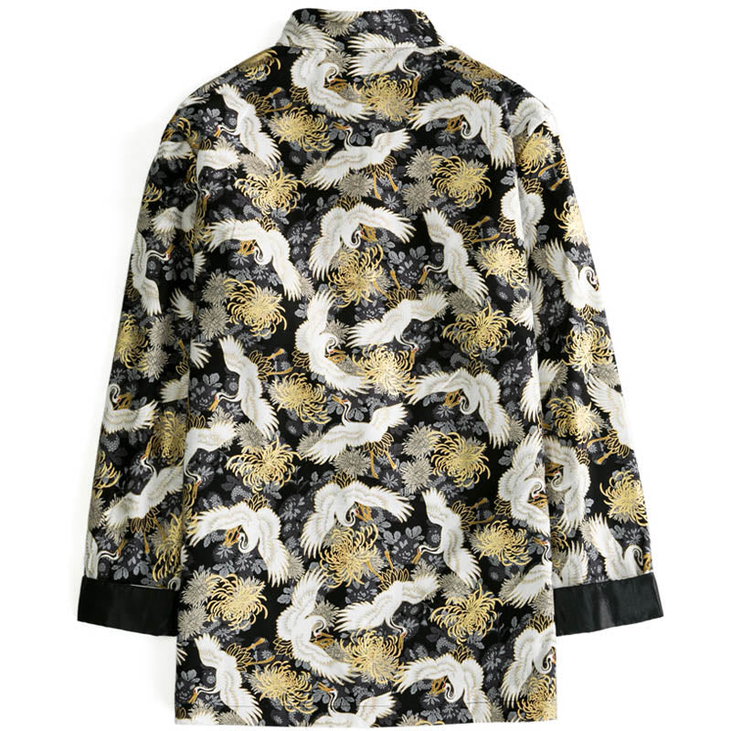 Chinese New Year Flying Crane Chrysanthemum Frog-button Tang Suit Cotton Men's Jacket Shirt With Pockets