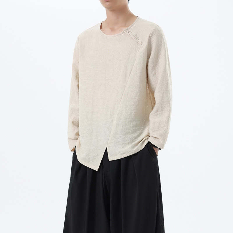 Men's Long Sleeve Round Collar Comfort Cotton Linen Shirt