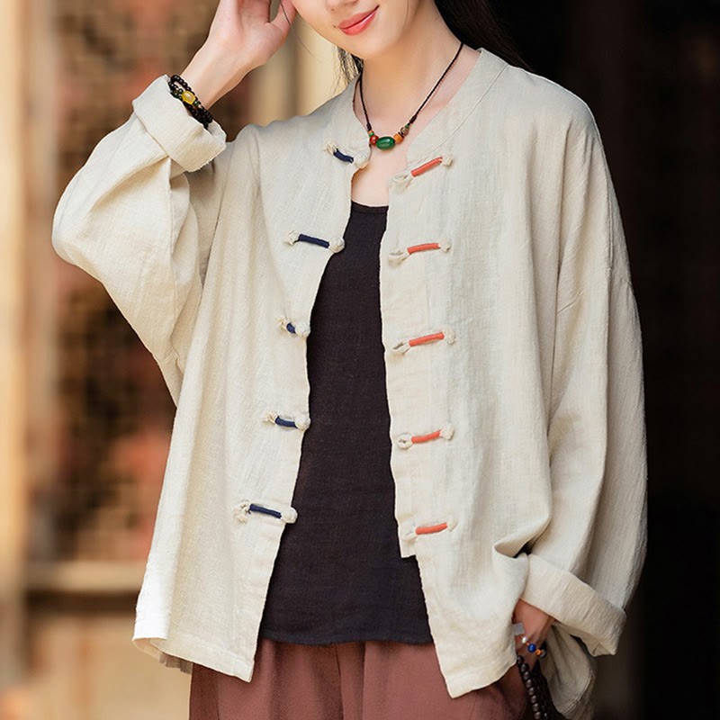 Solid Color Two-color Frog-button Long Sleeve Ramie Linen Women's Shirt