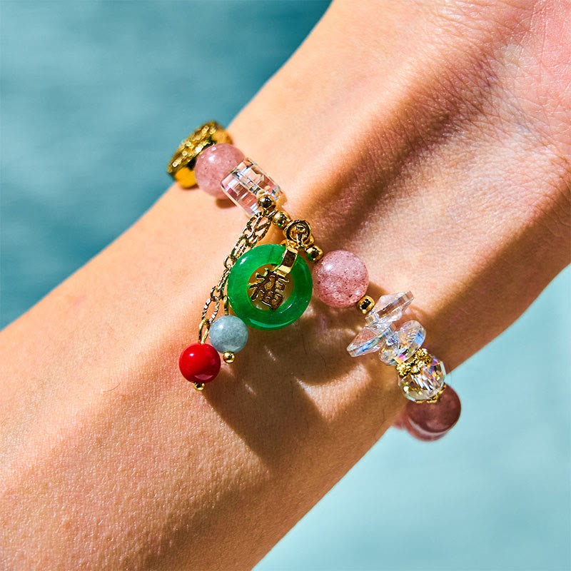 Strawberry Quartz Jade Fu Character Charm Healing Bracelet