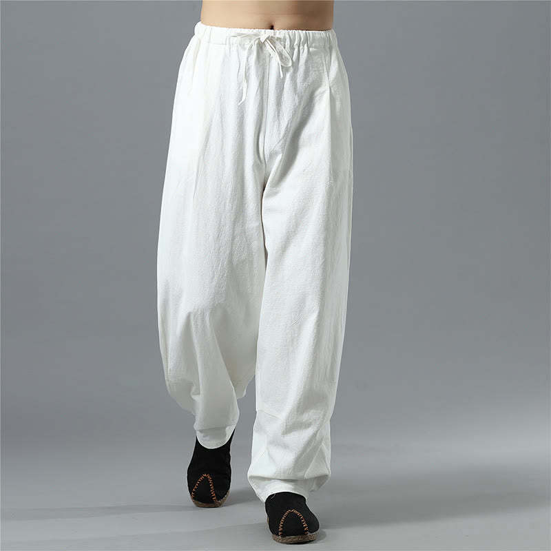 Casual Solid Color Drawstring Cotton Linen Men's Pants With Pockets