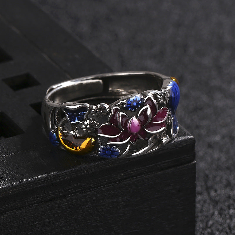 Koi Fish Lotus Flower Leaf Design Luck Wealth Ring
