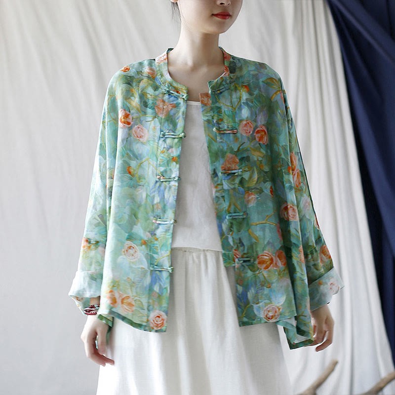 Pink Flowers Green Leaves Print Frog-button Design Long Sleeve Ramie Linen Jacket Shirt