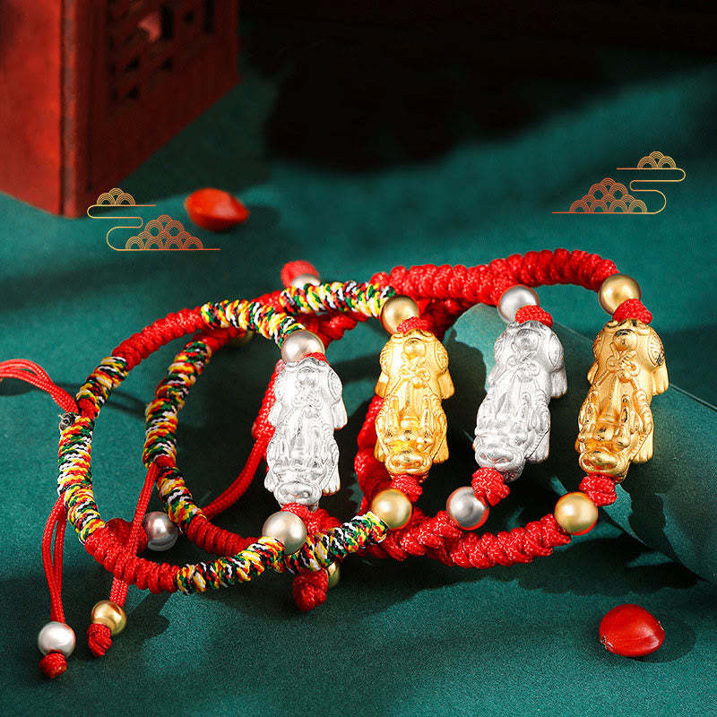 999 Sterling Silver PiXiu Wealth King Kong Knot String Braided Kids Child Bracelet