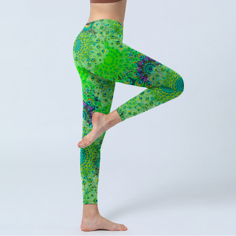 Green Peacock Tail Feathers Print Gym Leggings Women's Yoga Pants