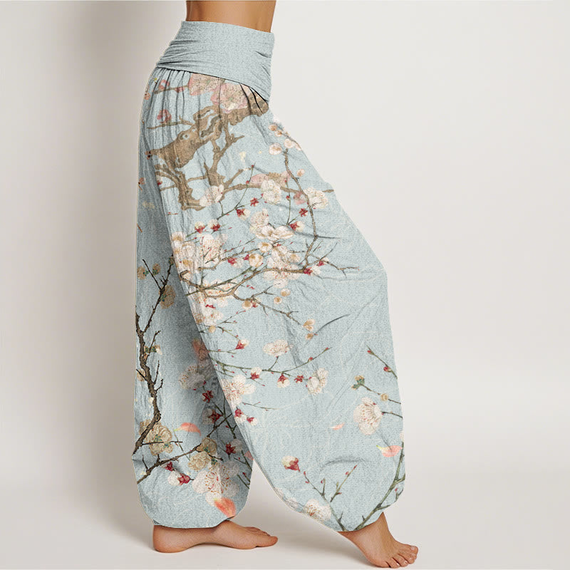 Casual White Plum Blossom Tree Trunk Women's Elastic Waist Harem Pants