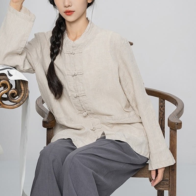 Solid Color Frog-button Long Sleeve Linen Women's Shirts With Pockets