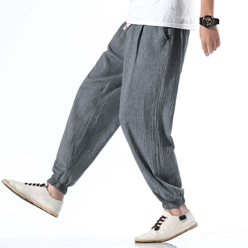 Casual Solid Color Drawstring Linen Men's Pants With Pockets