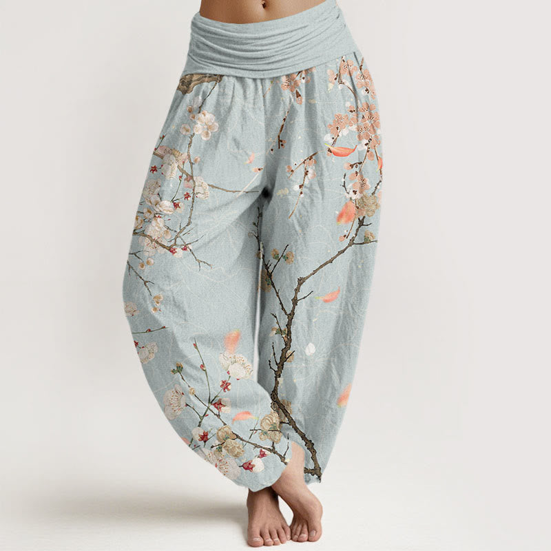 Casual White Plum Blossom Tree Trunk Women's Elastic Waist Harem Pants