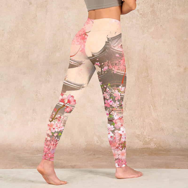 Pink Sakura Antique Building Print Fitness Leggings Women's Yoga Pants