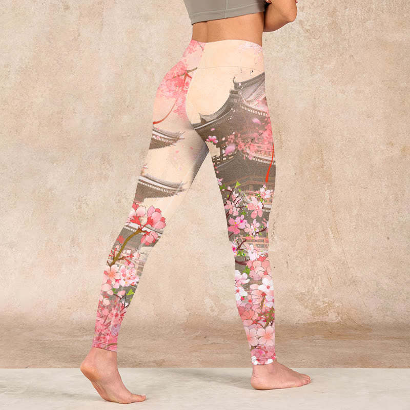 Pink Sakura Antique Building Print Fitness Leggings Women's Yoga Pants