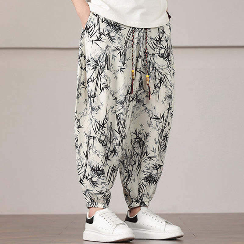 Bamboo Leaf Pattern Drawstring Men's Harem Pants With Pockets