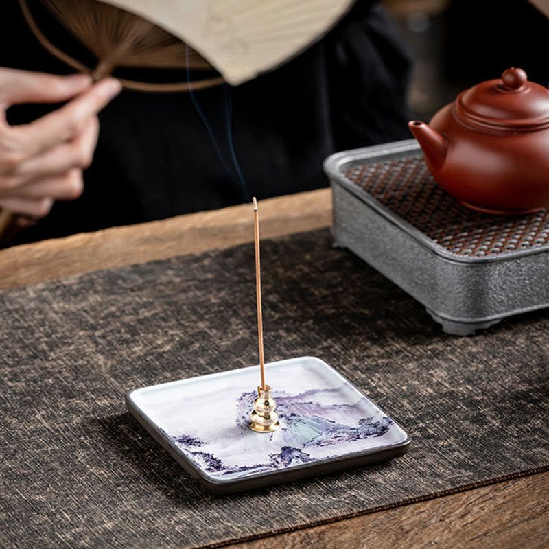 Mountain Lake Flower Leaf Healing Ceramic Plate Tray Stick Incense Burner Decoration